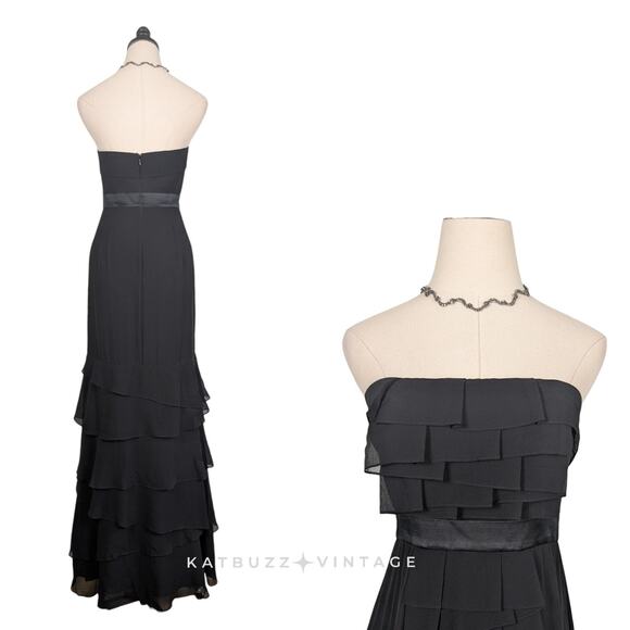 Y2K BCBG Silk Prom Dress Maxi Gown 2 Black Silk Ruffle Glam Grunge Layered Vtg - Picture 3 of 15